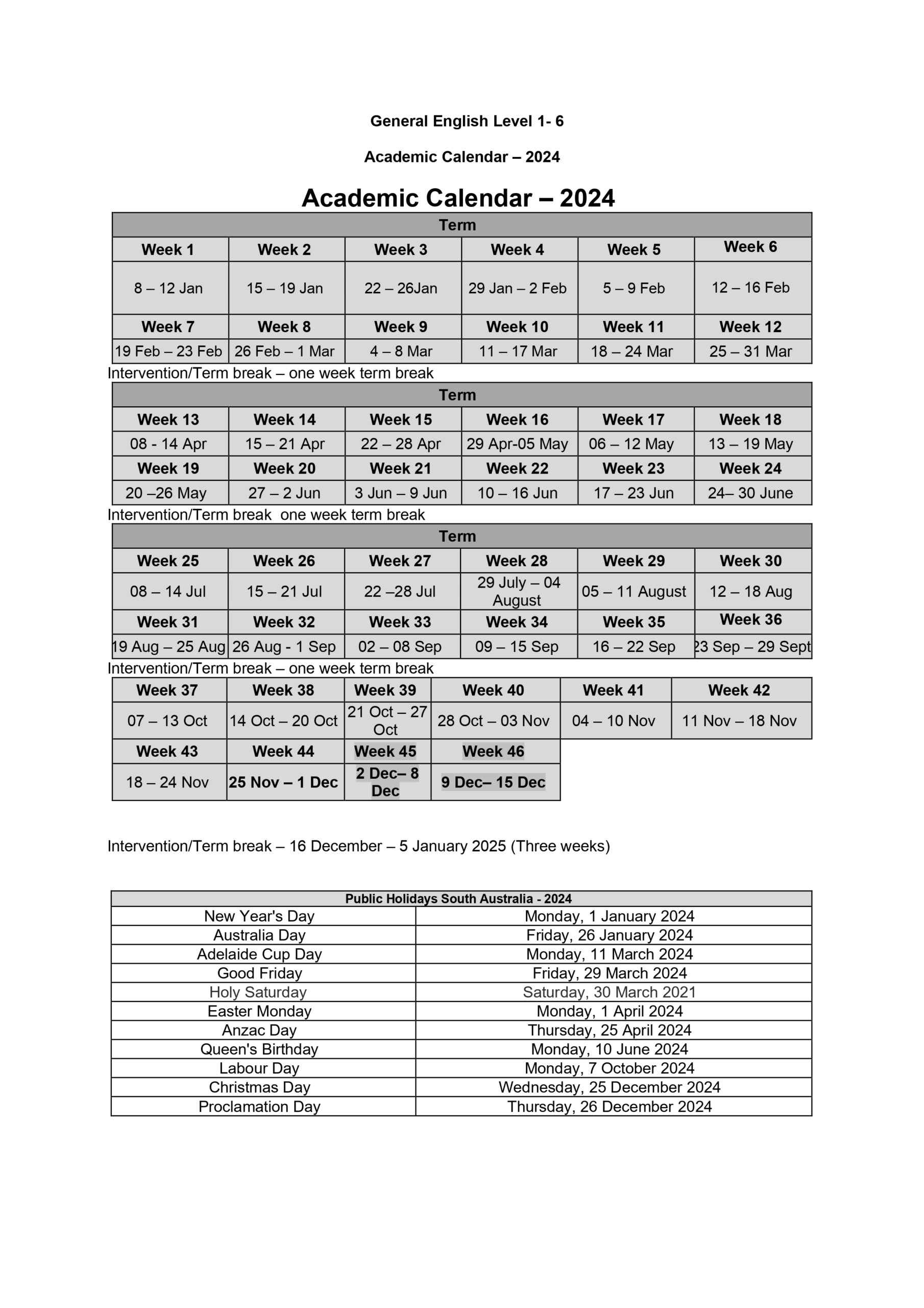 Academic Calender AUSTRALIAN COLLEGE OF EXCELLENCE