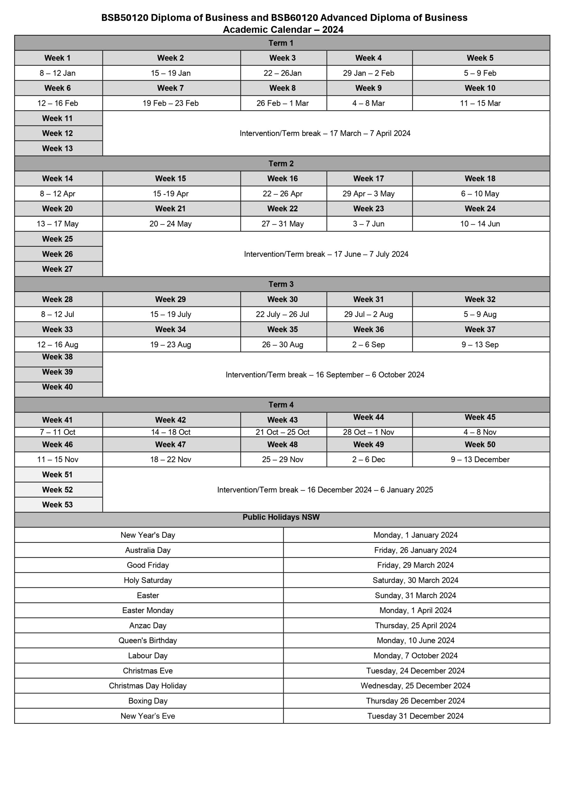 Academic Calender – AUSTRALIAN COLLEGE OF EXCELLENCE